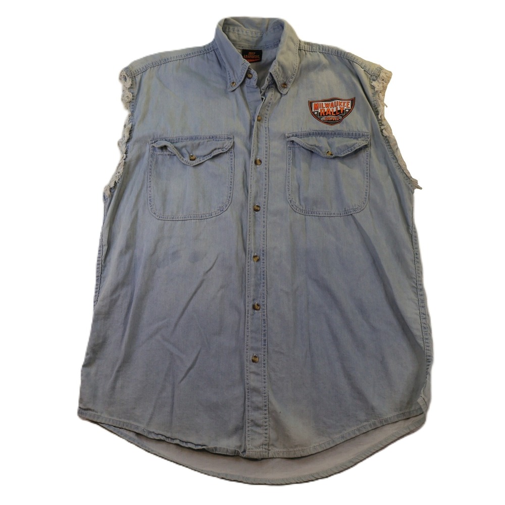 Hot Leathers Mens Large Shirt Blue Milwaukee Rally 2013 Denim Sleeveless Eagle